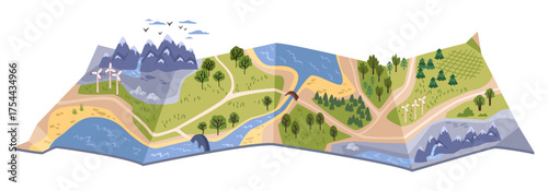 3D map of reserve with rivers, windmills and mountains, forests and wild animals. Vector visualizing topography for construction or development. Terrains for flood, earthquake or landslide simulations