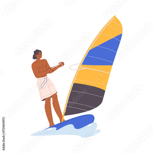 Wind surfing water activity. Vector isolated summer hobbies and fun, relaxation and recreation on holiday or weekend. Man character on board with sails, sailing and surfing sports and fun