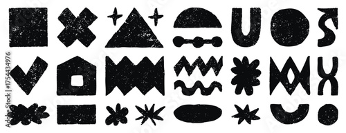 Grunge textural elements set, various abstract shapes collection, geometric shapes, elements for posters, social networks, and web design.