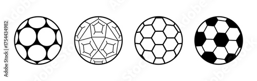 Game inflatable balls set for sports exercises or physical activities. Vector monochrome footballs collection with various design. Equipment for leisure time. Hobby and professional training