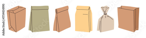 Food delivery packages with copy space for restaurants and shops. Vector in flat style, isolated set of plastic or cellophane boxes, cardboard packets for meals and dishes, ecologically friendly