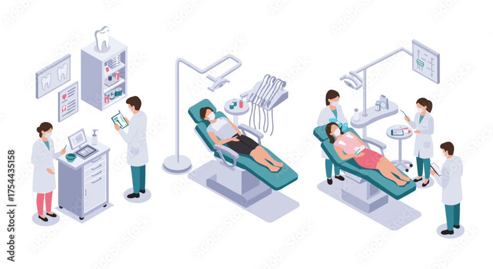 Fototapeta premium Dynamic isometric breakdancers in motion set on white background