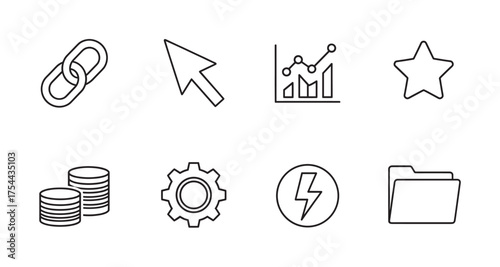 Set of eight black outline icons including a link, cursor, graph, star, coins, gear, lightning bolt, and folder, representing various digital concepts.