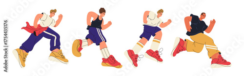 People taking part in marathon or sprint. Vector in flat style, isolated young personages keeping fit and doing exercises. Cartoon cool characters, joggers and runners in motion wearing sportive suits