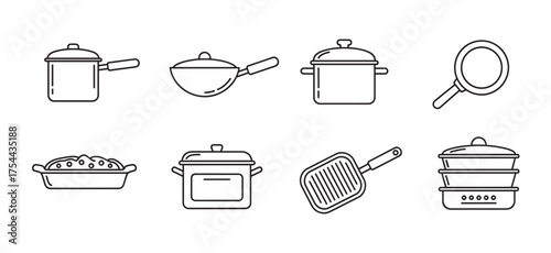 Black outline icons of various kitchen cookware, including pots, pans, and a steamer, designed in a minimal linear style.