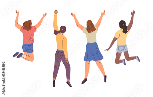 Happy active girls in casual clothes jumping, isolated multiracial people with raised hands. Vector group of young energetic women. Team of female characters celebrating success with fun and joy