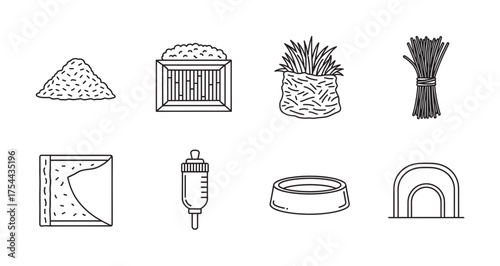 Black outline vector icons of various farming and agriculture items, including grain pile, seed box, plant basket, bundle of twigs, fertilizer bag, irrigation tool, water trough, and crop tunnel.