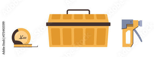Box with instruments and equipment for handyman workers. Vector in flat style, isolated set of toolbox, gun and measuring tape. Automatic and mechanic modern tools for industry working and factory