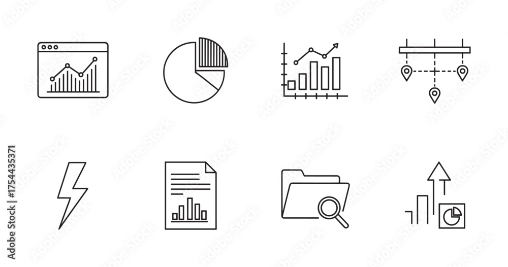 Fototapeta premium Set of eight simple black outline icons representing various data analysis tools, including graphs, charts, and document management.