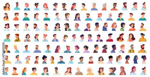 People portraits in profile view. Vector women and men of different nationalities and social classes of society. Multiethnic icons of cartoon personages. Employees and teenagers, students and workers