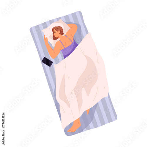 Woman sleeping on bed with phone aside. Vector flat cartoon character resting at bedroom. Female personage covered with soft blanket, daily routine and rest at night or evening. Refilling energy
