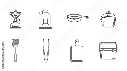 Black outline icons of essential camping cooking gear, including a stove, fuel canister, skillet, pot, spatula, tongs, cutting board, and cooler.