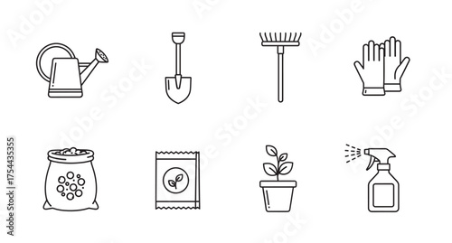 Black outline vector icons of gardening tools and supplies, including a watering can, shovel, rake, gloves, fertilizer, seed packet, potted plant, and spray bottle.