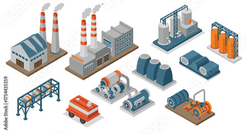 Industrial buildings and machinery in isometric design for manufacturing concepts