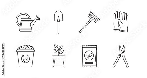 Black outline vector icons of essential gardening tools, including a watering can, shovel, rake, gloves, planting pots, seed packet, and pruning shears.