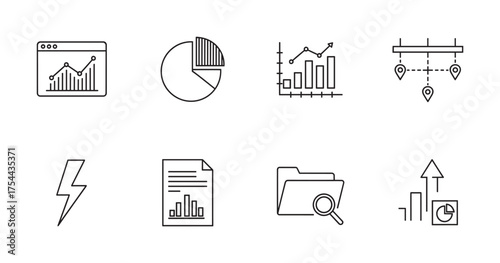 Set of eight simple black outline icons representing various data analysis tools, including graphs, charts, and document management.