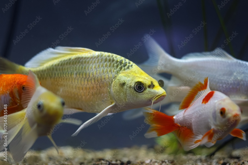 Fototapeta premium shoal of rare Cyprinus rubrofuscus fish breed, pet shop water garden aquarium, domesticated commercial nishikigoi hybrid mutation, Japan national symbol, outdoor pond koi carp, beginner aquarium care