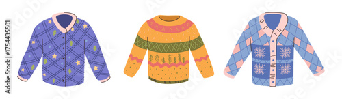 Xmas ugly sweaters with classic winter patterns and ornaments. Vector isolated set of Christmas time clothes with pine trees and stars, geometric decor and snowflakes. Seasonal clothing