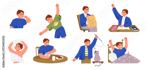 Habits and daily routine of schoolboy, kid boy. Vector in flat style, isolated set of activities, preparing for school. Showering and brushing teeth, eating and stretching, attending lessons