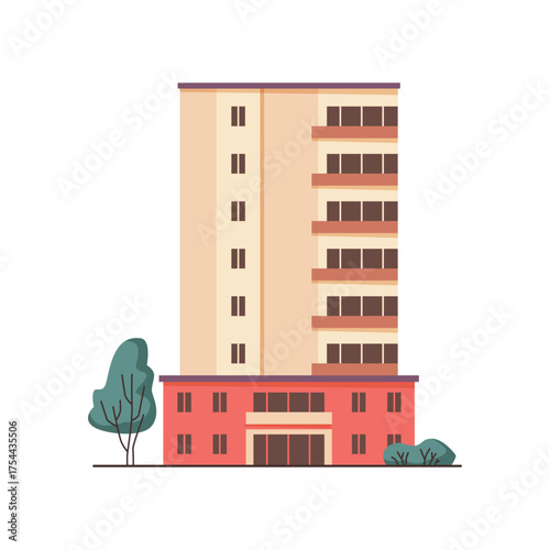 Modern residential building with glass entrance, urban high structure for apartments with lobby and balconies. Vector isolated downtown or town center construction with greenery, homes for citizens