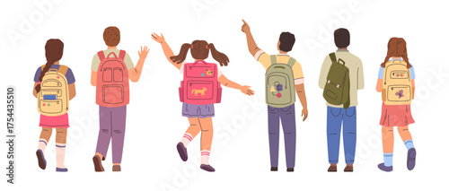 Children with backpacks walking from lessons. Vector isolated group of cartoon characters with rucksacks jumping and standing. Boy pointing finger up and girl waving hand, back view of schoolkids