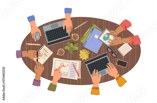 People discussing business issues, strategic planning and project tasks. Vector isolated top view of employees hands in office with documentation, reports and laptop. Studying together and helping