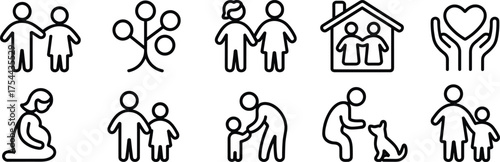 Family care and love line icons, parenting and child relationship, home and togetherness concept, vector illustration for social design