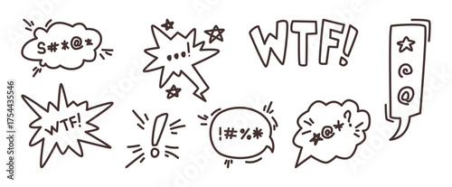 Speech bubbles set for swear expletive words in doodle style. Vector curse and exclamation sign, insults and rude, bad expression. Metaphor of negative feelings, explosion of emotions, social media