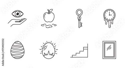 Minimalist black outline icons depicting a hand holding an eye, an apple on the ground, a key, a melting clock, a striped egg, a spiky egg, stairs, and a framed mirror.