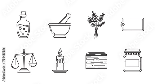 Black outline icons of a potion bottle, mortar and pestle, herb bouquet, label tag, scales of justice, melting candle, wooden chest, and jam jar.