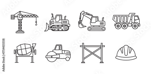 Black outline icons of construction equipment, including a crane, bulldozer, excavator, dump truck, cement mixer, steamroller, scaffolding, and hard hat.