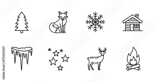 Set of eight minimalist black outline icons featuring a pine tree, sitting fox, snowflake, wooden cabin, icicles, stars, standing deer, and campfire.