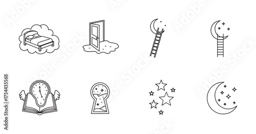 Set of eight black outline icons depicting dream concepts, including a bed on a cloud, ladder to the moon, and an open book with angel wings.