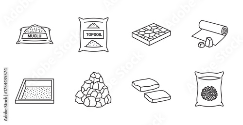 Eight black outline vector icons representing different landscaping materials including mulch, topsoil, paving stones, landscape fabric, sand, rocks, slate, and gravel.