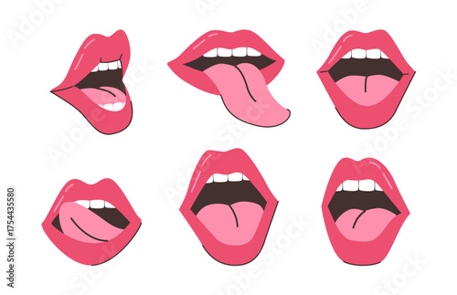 Female character sticking out tongue. Vector isolated set of red colored lips, mouth with teeth and expressions. Stickers retro or vintage fashionable symbol. Cosmetics and makeup advertisement