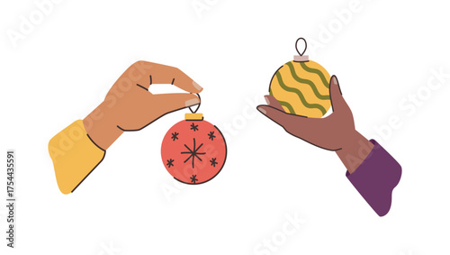 People holding baubles with ornaments. Vector isolated hands holding balls for xmas trees. Christmas celebration and festivities, traditional customs of decorating space with toys for mood