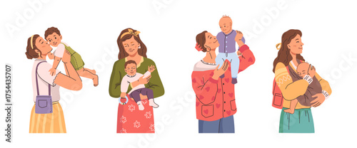 Mums and kids spending time together. Vector in flat style, isolated women and children playing. Ladies walking and carrying infants. Bonding and parenting, maternity protection and support