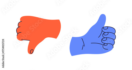 Hand gesture of thumb up and down expressing satisfaction and displeasure. Vector isolated approval or agreement and incorrect or disapprove. Saying yes and no, non verbal communication