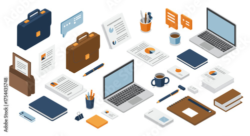 Isometric office workspace with professionals collaborating and analyzing data