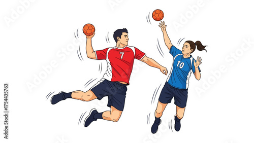 Handball Action: Two athletes engage in a dynamic handball match, showcasing strength and agility as they compete with skill and precision.