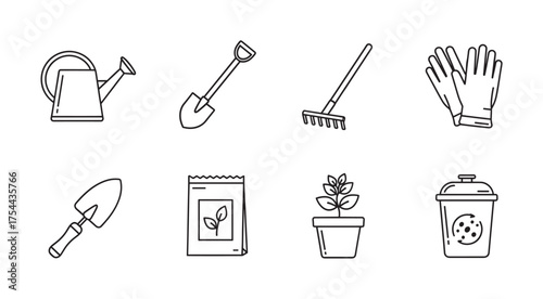 Black outline icons of essential gardening tools, including a watering can, shovel, rake, gloves, trowel, seed packet, potted plant, and compost bin.