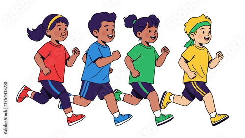 Joyful Run: A dynamic illustration captures four energetic children joyfully running together, exuding a sense of camaraderie and healthy activity. 