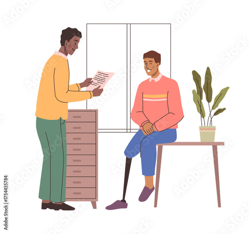 Male characters in office, working together with disable and inclusive people. Vector talking with colleagues and planning financial strategy. Different ethnic and cultural personages co working