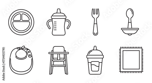 Black outline icons of baby feeding items, including a plate, sippy cups, fork, spoon, bib, high chair, and napkin, ideal for parenting and child care themes.