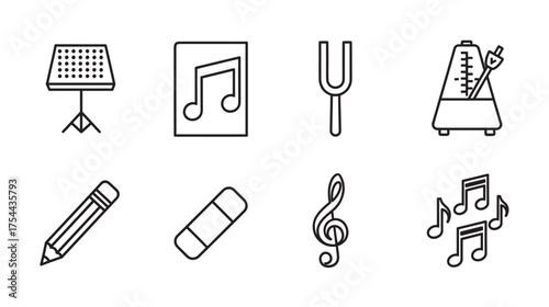 Black outline vector icons of eight music-related items including a music stand, sheet music, tuning fork, metronome, pencil, eraser, treble clef, and musical notes.
