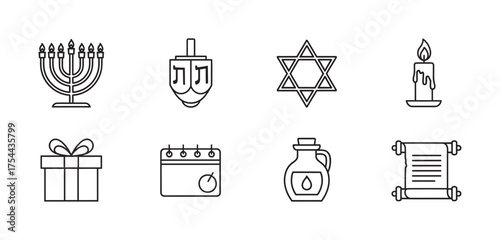 Black outline icons depicting hanukkah symbols including a menorah, dreidel, star of david, candle, gift box, calendar, oil jar, and scroll.