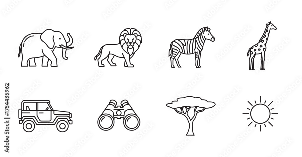Fototapeta premium Black outline icons of elephant, lion, zebra, giraffe, jeep, binoculars, acacia tree, and sun for safari and wildlife themes.