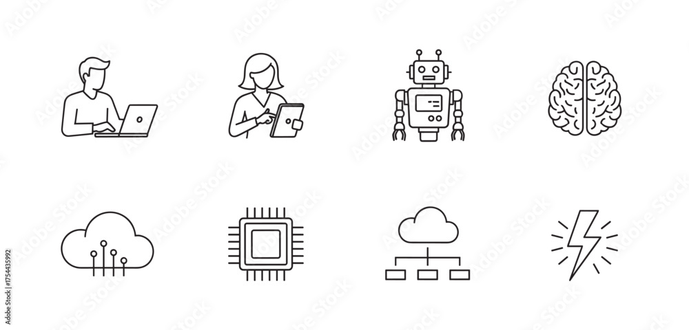 Fototapeta premium Minimalistic line art depicting a male and female working on technology highlighted by icons of a robot, brain, cloud, microchip, network, and lightning bolt.