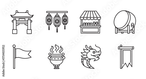 Set of black outline icons depicting traditional asian elements, including a torii gate, lanterns, market stall, drum, flag, incense burner, dragon head, and banner.
