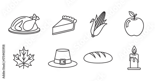Black outline icons of thanksgiving-related items including a turkey, pie, corn, apple, maple leaf, pilgrim hat, bread, and candle.
